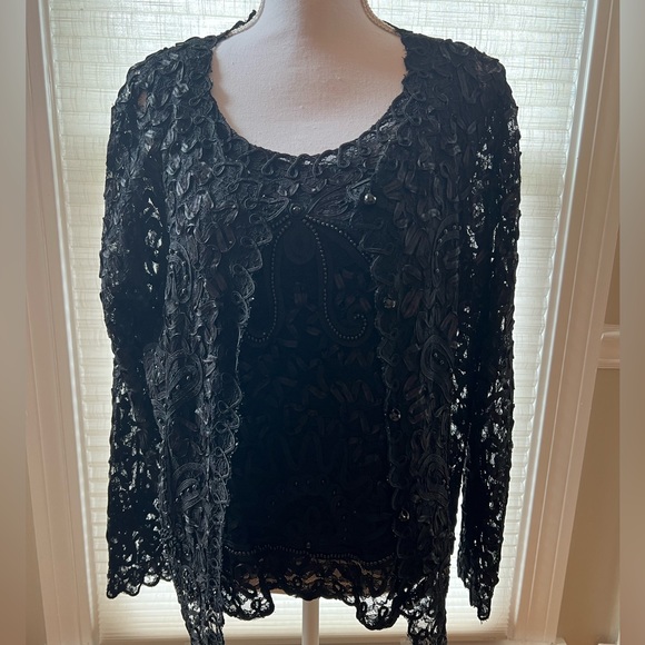 🔥🔥S M Collection XL Womens Dressy Black Lace & Beaded Lined Top 2 Piece - Picture 2 of 7